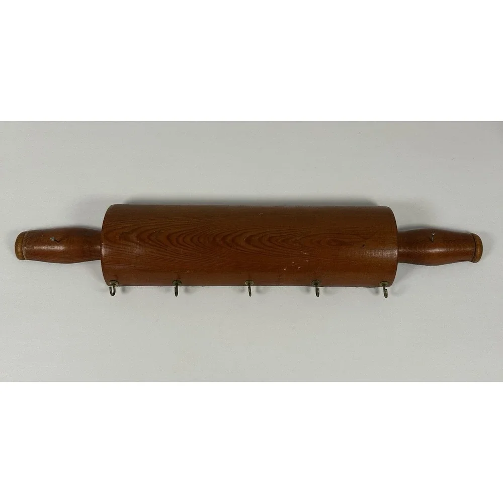 VTG Wooden Rolling Pin With Hooks Wall Decor Hanging Felt Back Cottage Country